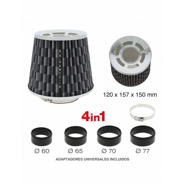 Filtro de Aire Universal para Coche Incluye 4 Adaptadores 60mm 65mm 70mm 77mm Color Negro