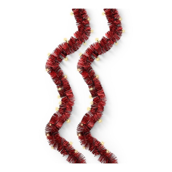 Espumillón rojo con guirnalda led intermitente, uso exterior, 8 funciones, oro suave, cable verde, 180 leds, 9 m